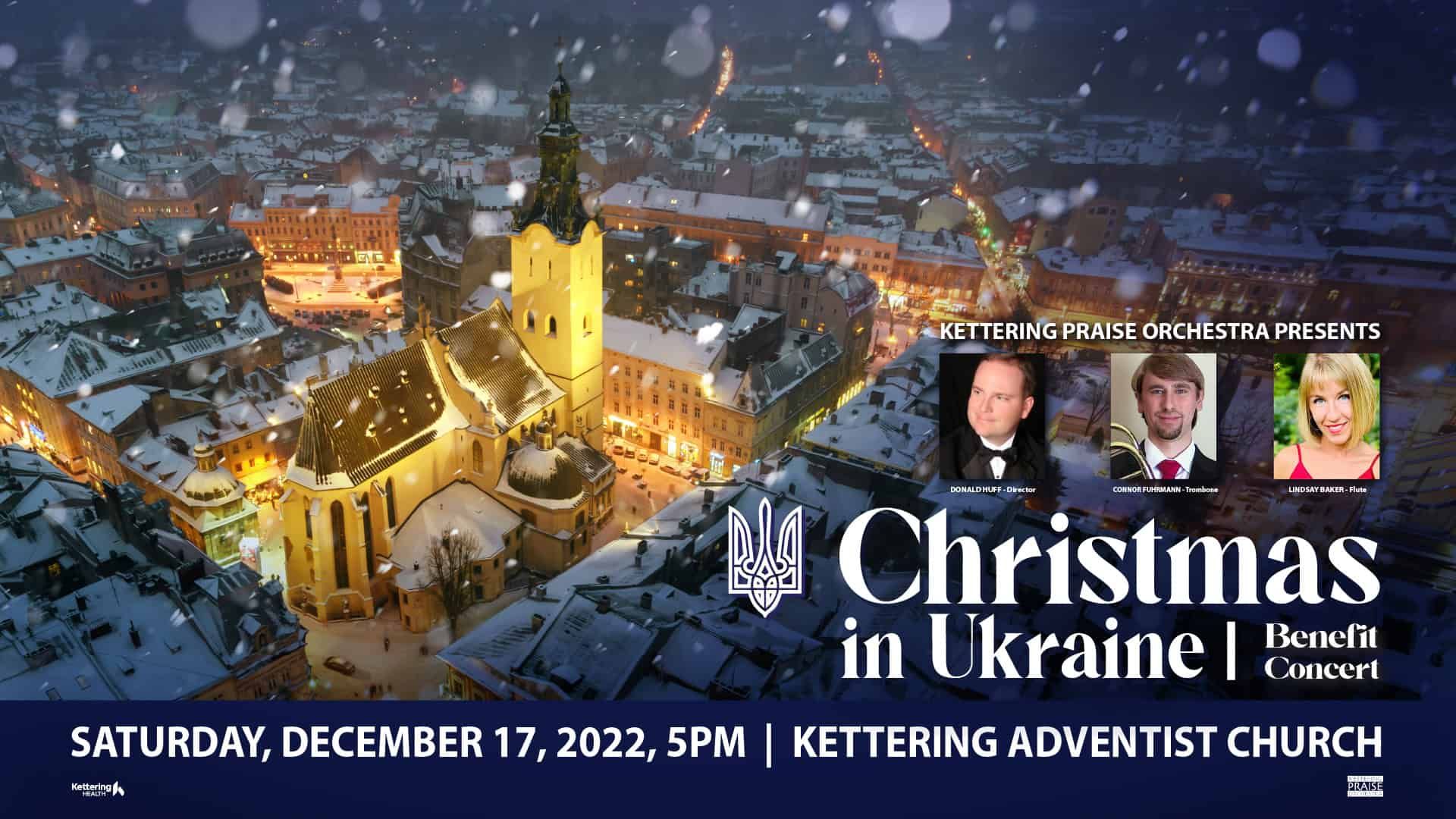 Christmas in Ukraine benefit concert poster featuring snowy cathedral and orchestra performers