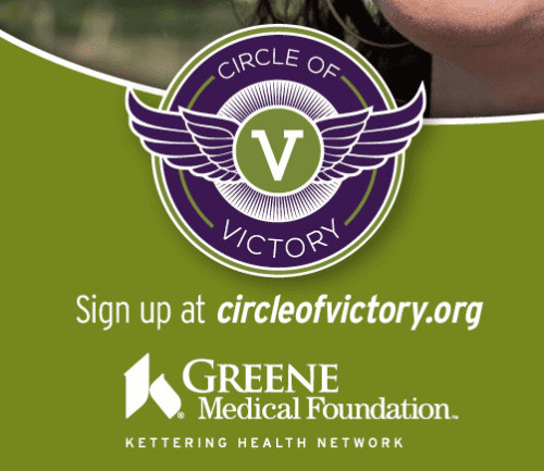 Circle of Victory logo with wings and sign-up website for Greene Medical Foundation