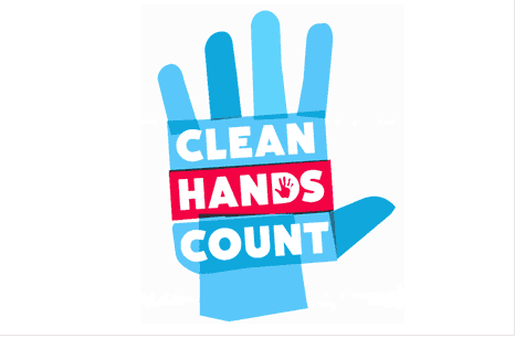 Blue hand silhouette with "Clean Hands Count" text promoting hand hygiene awareness