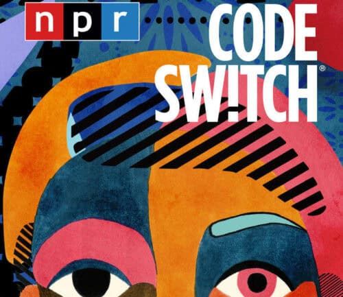 Colorful abstract illustration featuring stylized face with eyes and NPR Code Switch podcast logo