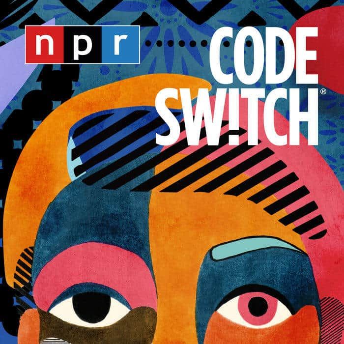 Colorful abstract illustration featuring stylized face with eyes and NPR Code Switch podcast logo