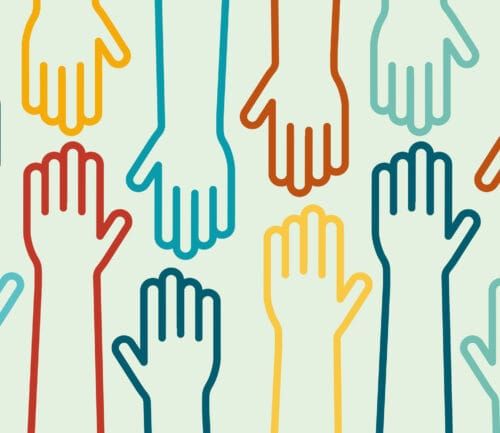 Colorful outlined hands raised upward in various positions representing community and volunteering