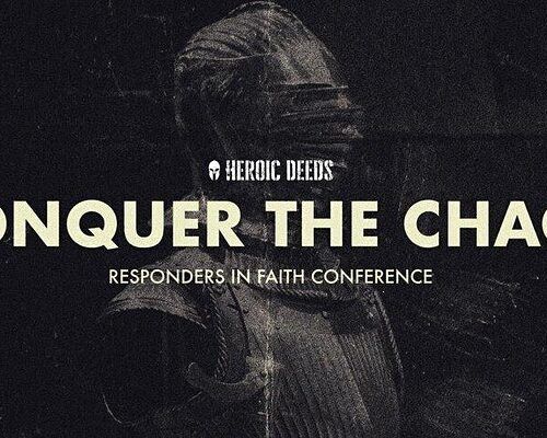Armored knight figure with "Conquer the Chaos Responders in Faith Conference" text overlay