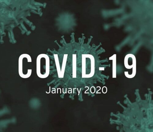 COVID-19 text overlaid on green microscopic coronavirus particles, dated January 2020
