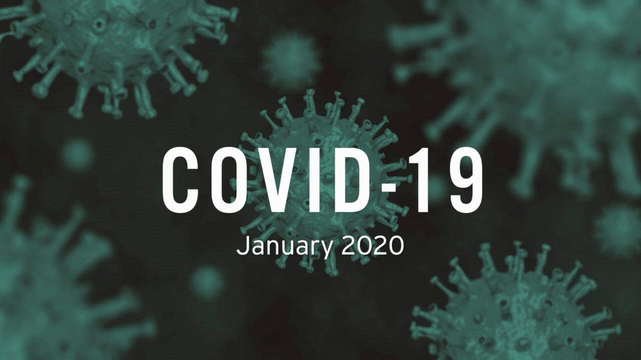 COVID-19 text overlaid on green microscopic coronavirus particles, dated January 2020