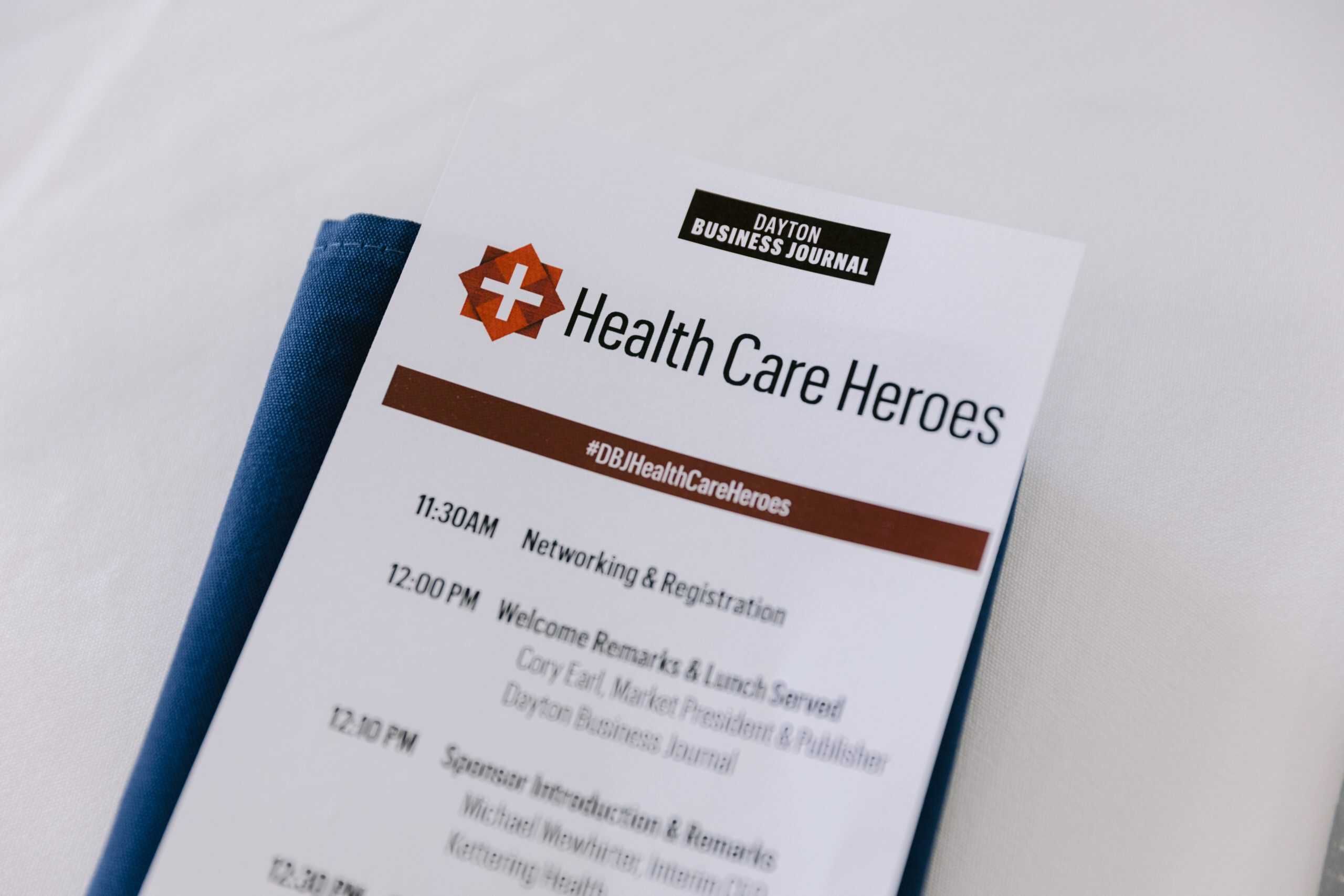 Program schedule for Dayton Business Journal Health Care Heroes event with networking times