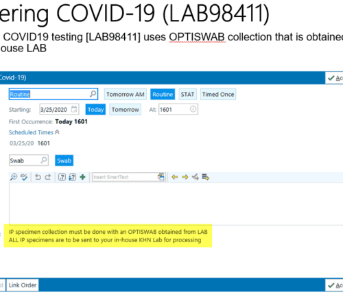 COVID-19 test ordering interface showing specimen collection and scheduling options for healthcare providers.