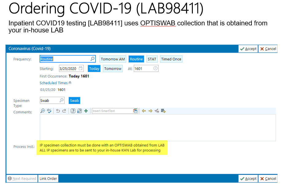 COVID-19 test ordering interface showing specimen collection and scheduling options for healthcare providers.