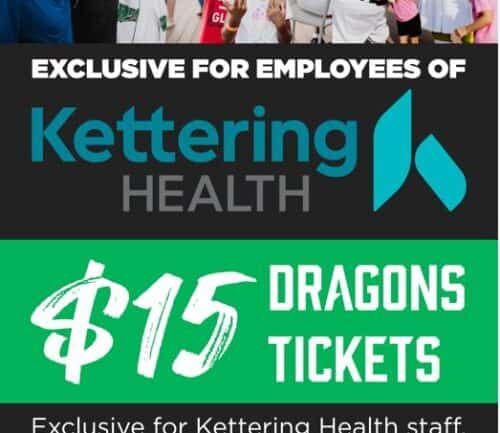Kettering Health employee discount promotion offering $15 Dragons game tickets with 25% savings