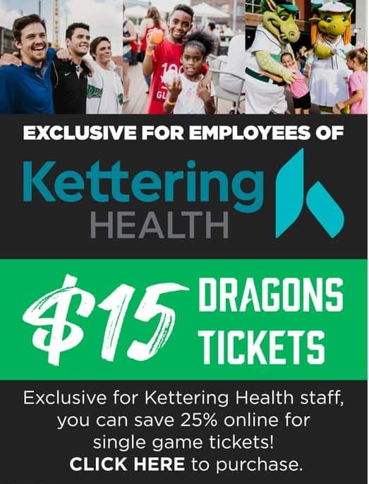 Kettering Health employee discount promotion offering $15 Dragons game tickets with 25% savings