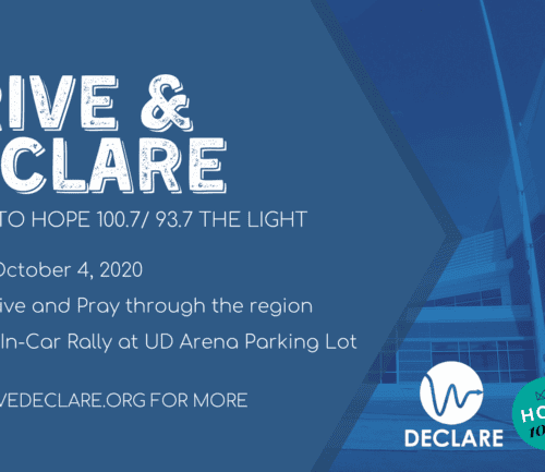 Drive & Declare event graphic with blue background and radio station logos