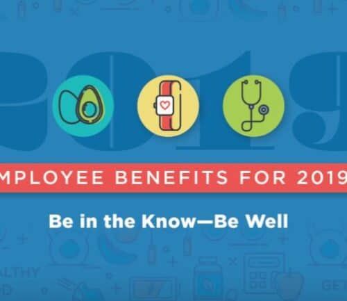 Employee benefits for 2019 graphic with health icons including avocado, smartwatch, and stethoscope