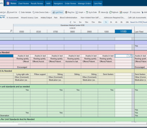 EPIC electronic health record flowsheet showing patient monitoring data and hourly care assessments