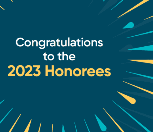 Congratulations graphic with radiating blue and yellow lines celebrating 2023 honorees