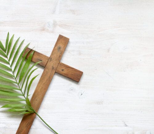 Wooden cross with green palm frond on white weathered background for Easter