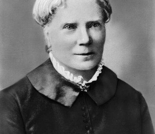 Historical black and white portrait of Elizabeth Blackwell in Victorian-era dress with white collar.