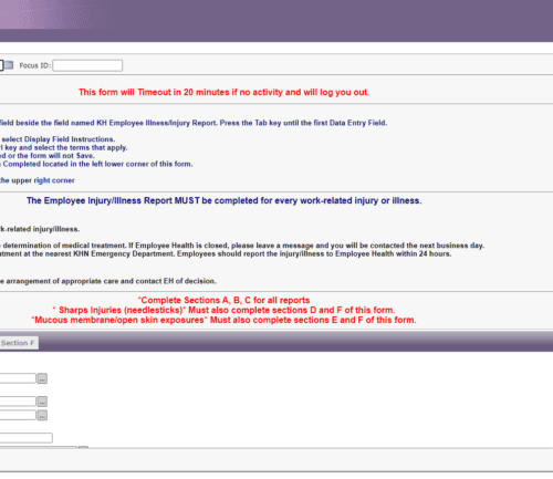 Employee injury and exposure reporting form interface with data entry fields