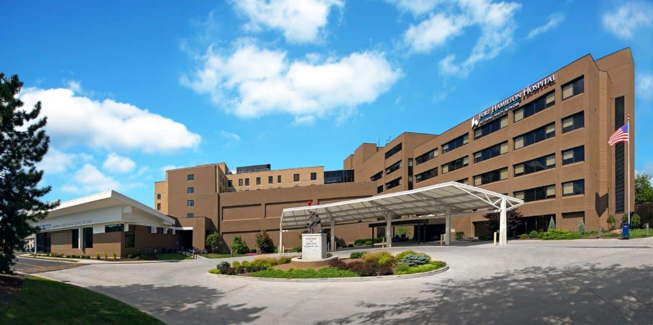 Fort Hamilton Hospital exterior with modern brick building and covered entrance canopy