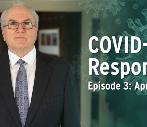 Professional man in suit presenting COVID-19 Response Episode 3 healthcare update