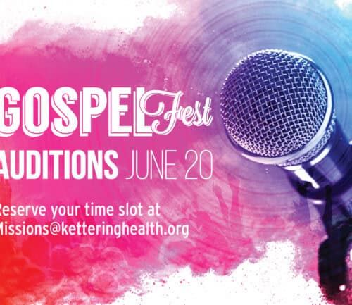 Gospel Fest auditions promotional graphic with microphone and colorful abstract background design