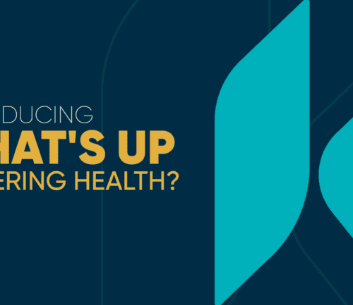 Kettering Health branding slide with teal geometric shapes introducing "What's Up" campaign