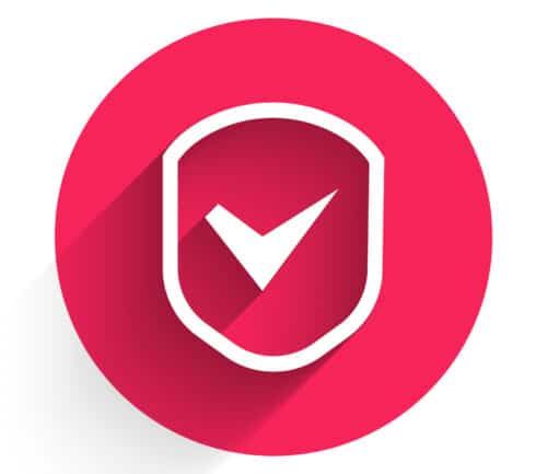 Red circular icon with white shield and checkmark representing security and protection