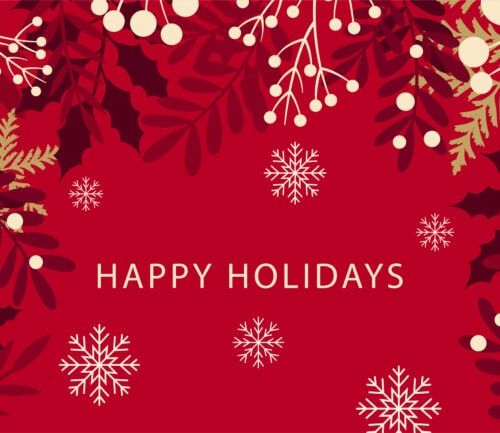 Red holiday background with snowflakes, berries, and "Happy Holidays" text in cream lettering.