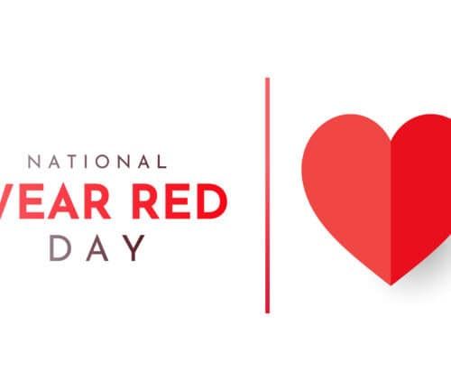 National Wear Red Day text with red heart symbol on white background