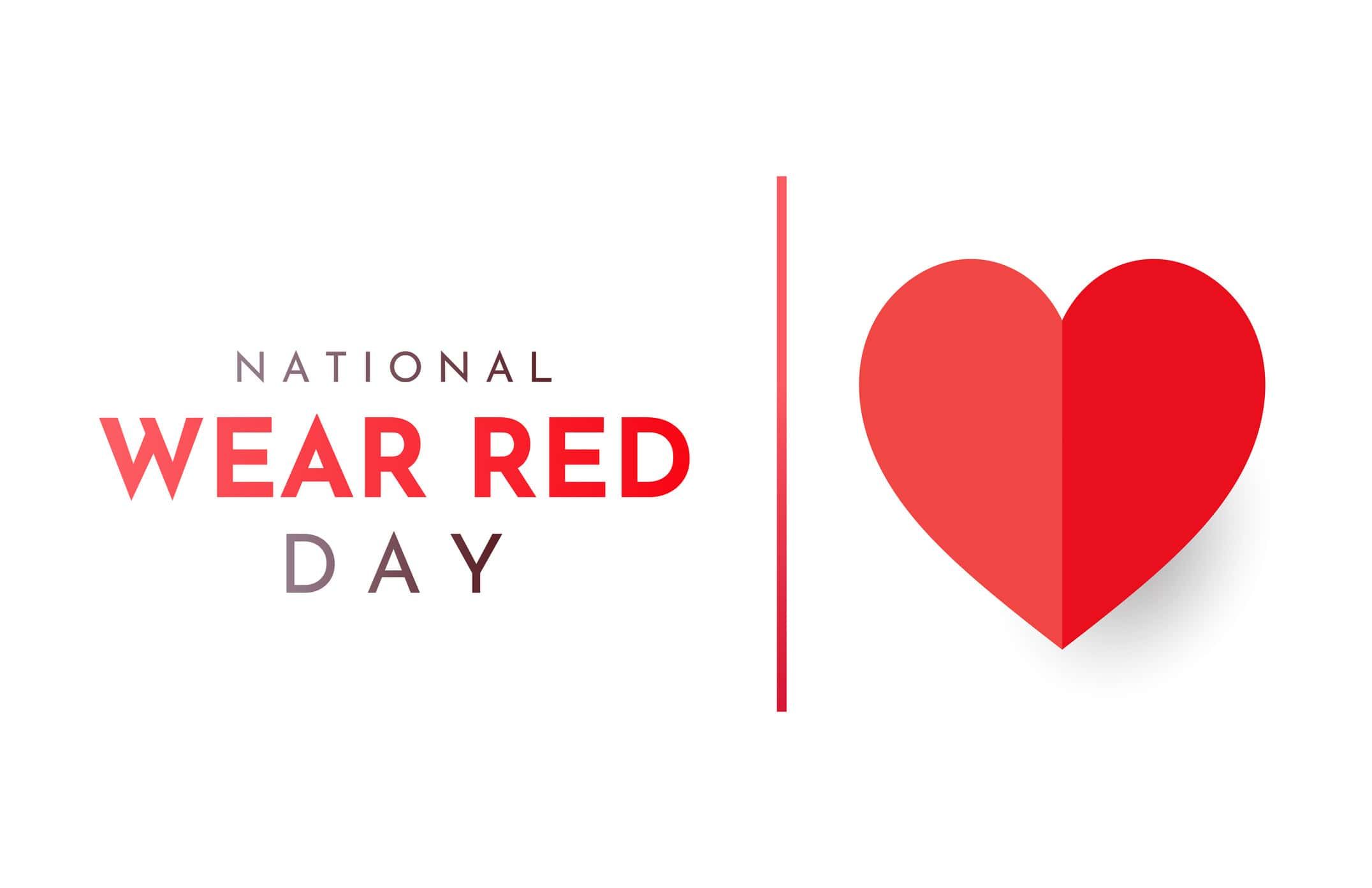 National Wear Red Day text with red heart symbol on white background