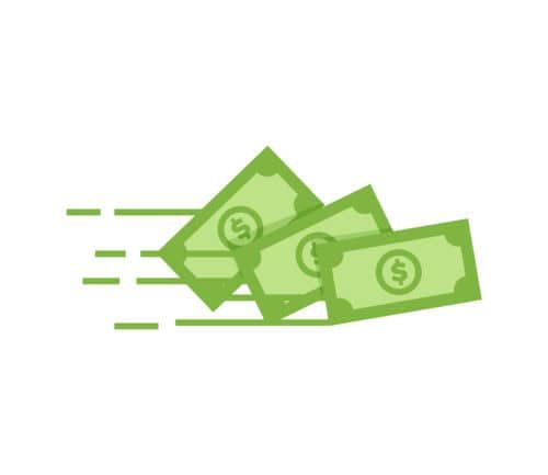 Flying green dollar bills with motion lines indicating money transfer