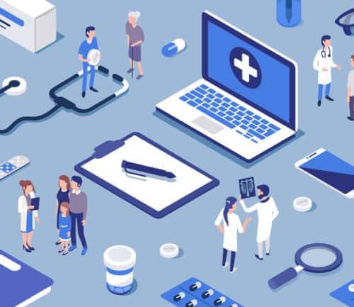 Healthcare professionals consulting with patients surrounded by medical technology and digital devices