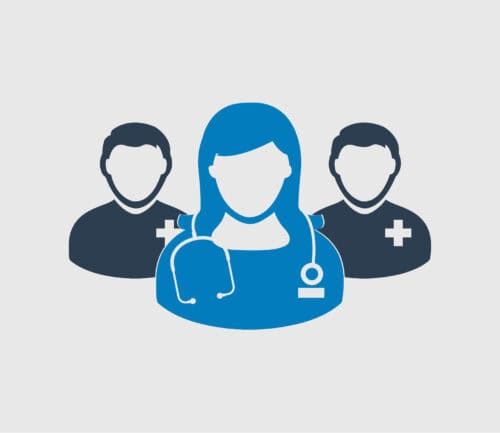 Medical team icon showing female doctor with stethoscope and two male healthcare professionals