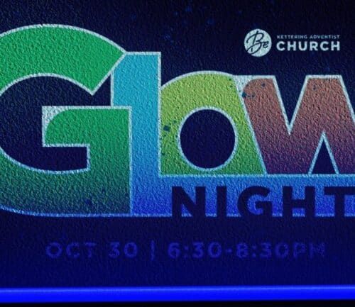 Colorful "Glow Night" event logo with date October 30, 6:30-8:30PM on blue background