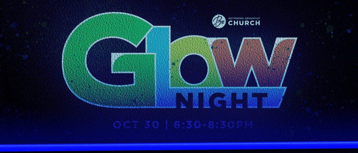 Colorful "Glow Night" event logo with date October 30, 6:30-8:30PM on blue background