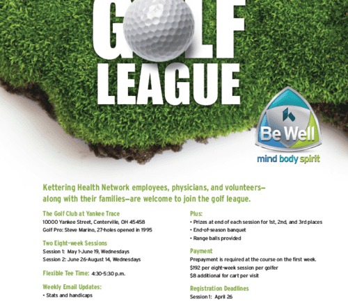 Kettering Health Network Employee Golf League flyer with golf ball on green grass background