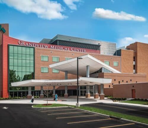 Grandview Medical Center modern brick building exterior with glass facade and covered entrance