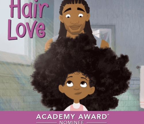 Animated poster showing father and daughter with natural hair, Academy Award nominee text