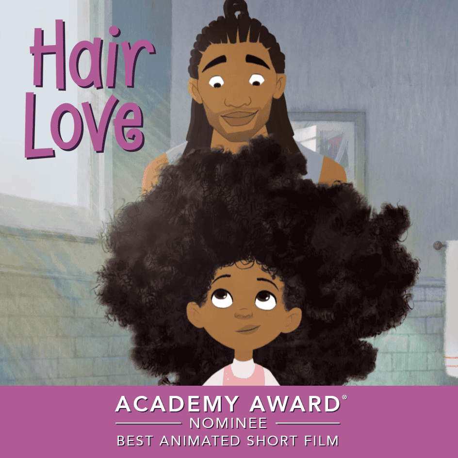 Animated poster showing father and daughter with natural hair, Academy Award nominee text