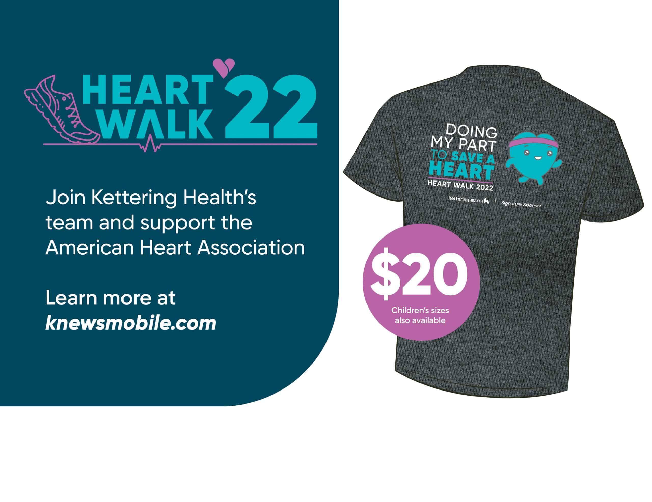 Heart Walk 2022 promotional graphic featuring gray t-shirt for $20 supporting American Heart Association