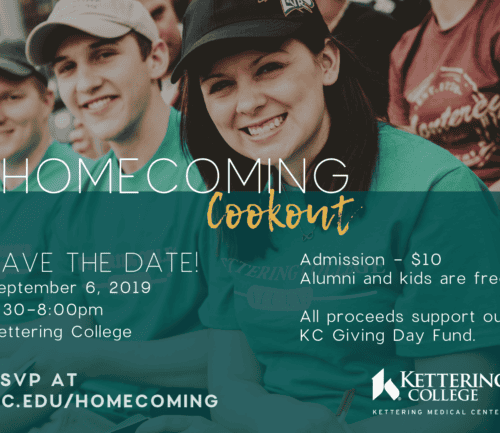 Students in green Kettering College shirts smiling at homecoming cookout event promotion