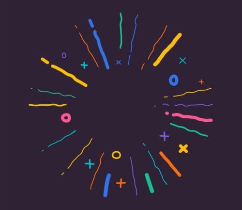 Colorful abstract burst pattern with lines, shapes and symbols on dark background