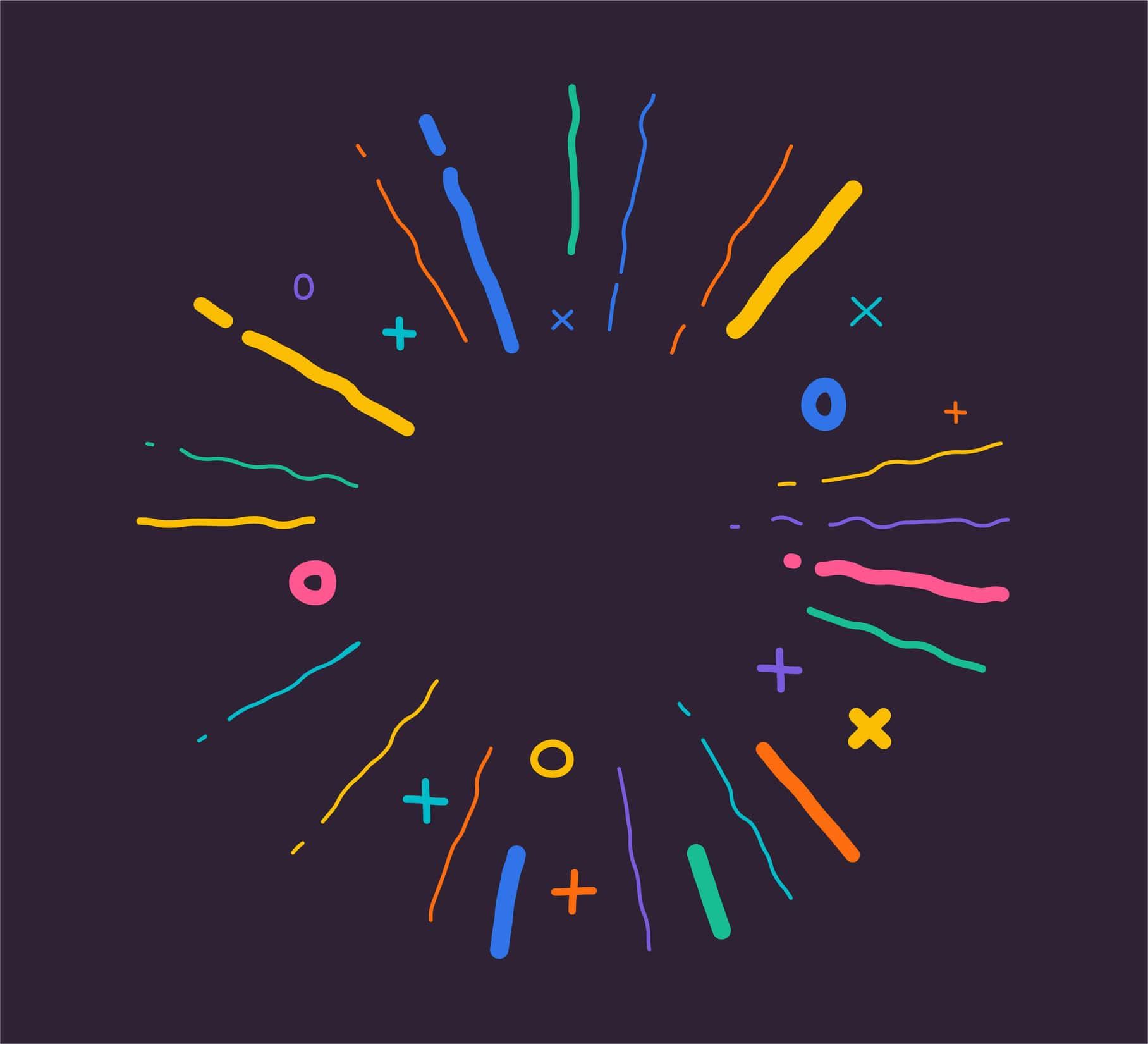 Colorful abstract burst pattern with lines, shapes and symbols on dark background