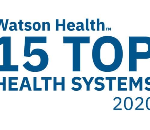 Watson Health 15 Top Health Systems 2020 award logo in blue text