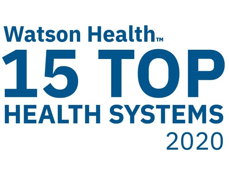 Watson Health 15 Top Health Systems 2020 award logo in blue text