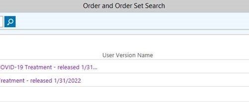 Search interface showing Remdesivir COVID-19 treatment order sets and panels