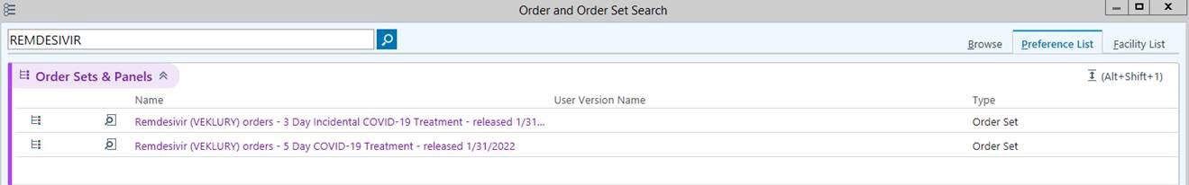 Search interface showing Remdesivir COVID-19 treatment order sets and panels