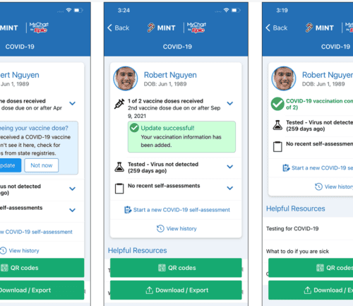 Three mobile app screens showing COVID-19 vaccination status progression from incomplete to complete.