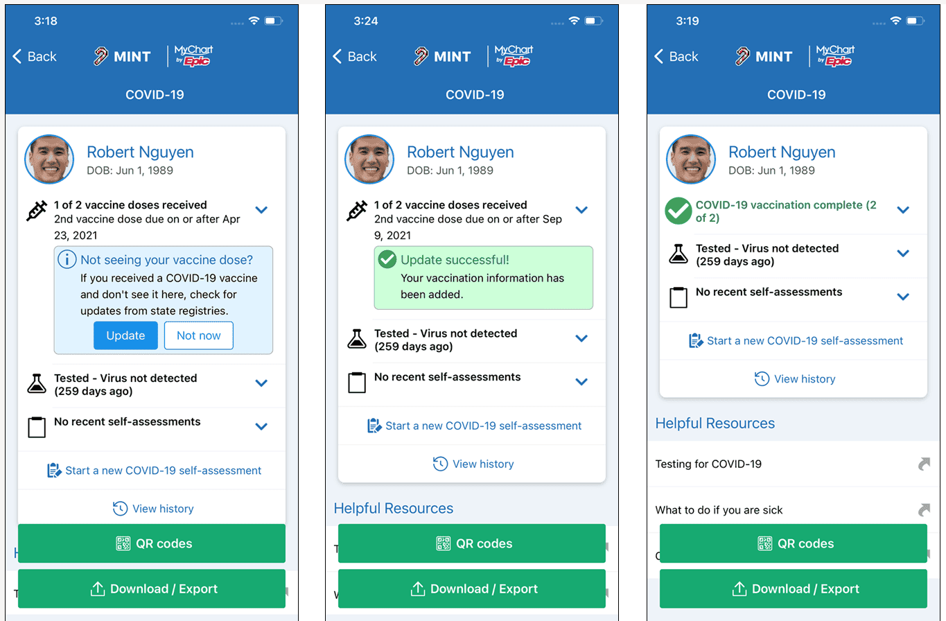 Three mobile app screens showing COVID-19 vaccination status progression from incomplete to complete.