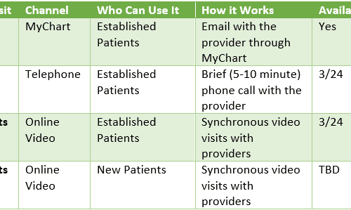 Healthcare telehealth options table showing visit types, channels, eligibility and availability