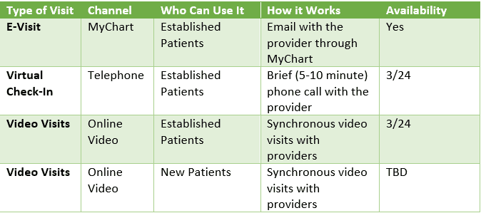 Healthcare telehealth options table showing visit types, channels, eligibility and availability